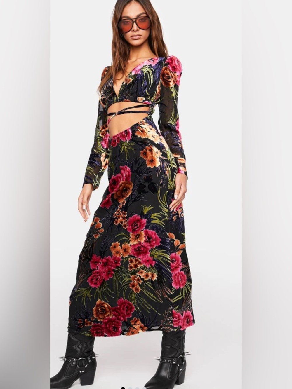 Weworewhat Cut Out Flocked Velvet Dress In Black XS